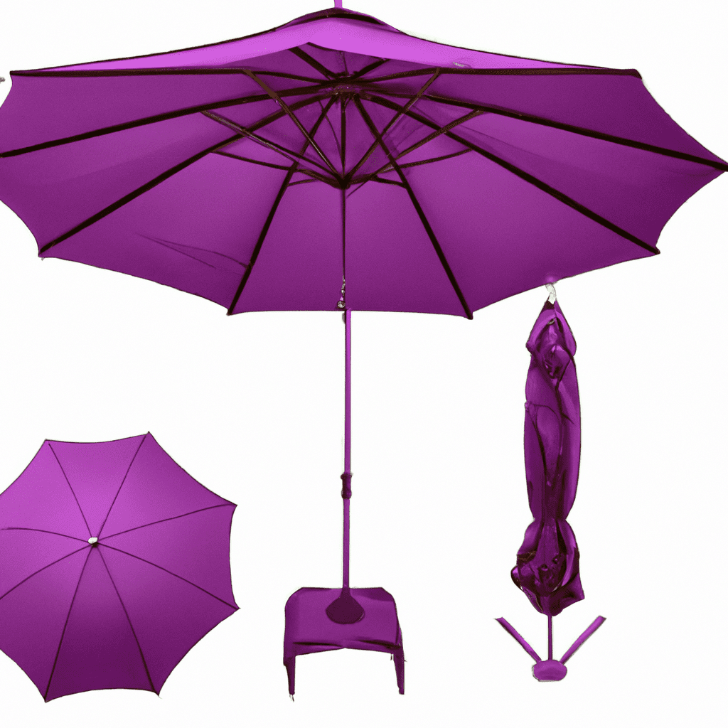 An image showcasing a vibrant purple Leaf 11ft patio umbrella, accompanied by various optional accessories like an umbrella cover, LED lights, and a base weight, highlighting the warranty details in fine print
