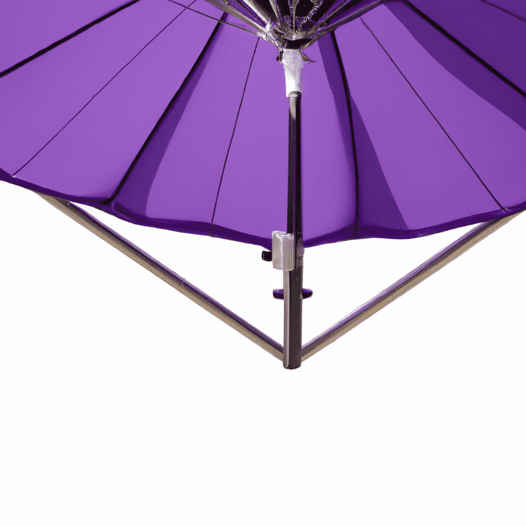 An image showcasing the intricate details of the Purple Leaf 11ft Patio Umbrella, capturing its sturdy aluminum frame, fade-resistant purple canopy, wind vent, and smooth crank system