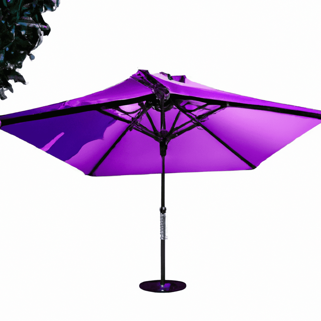 An image showcasing a vibrant Purple Leaf 11ft Patio Umbrella, elegantly accessorized with a matching umbrella base, LED lights, and a table attachment, demonstrating its exceptional compatibility and versatility