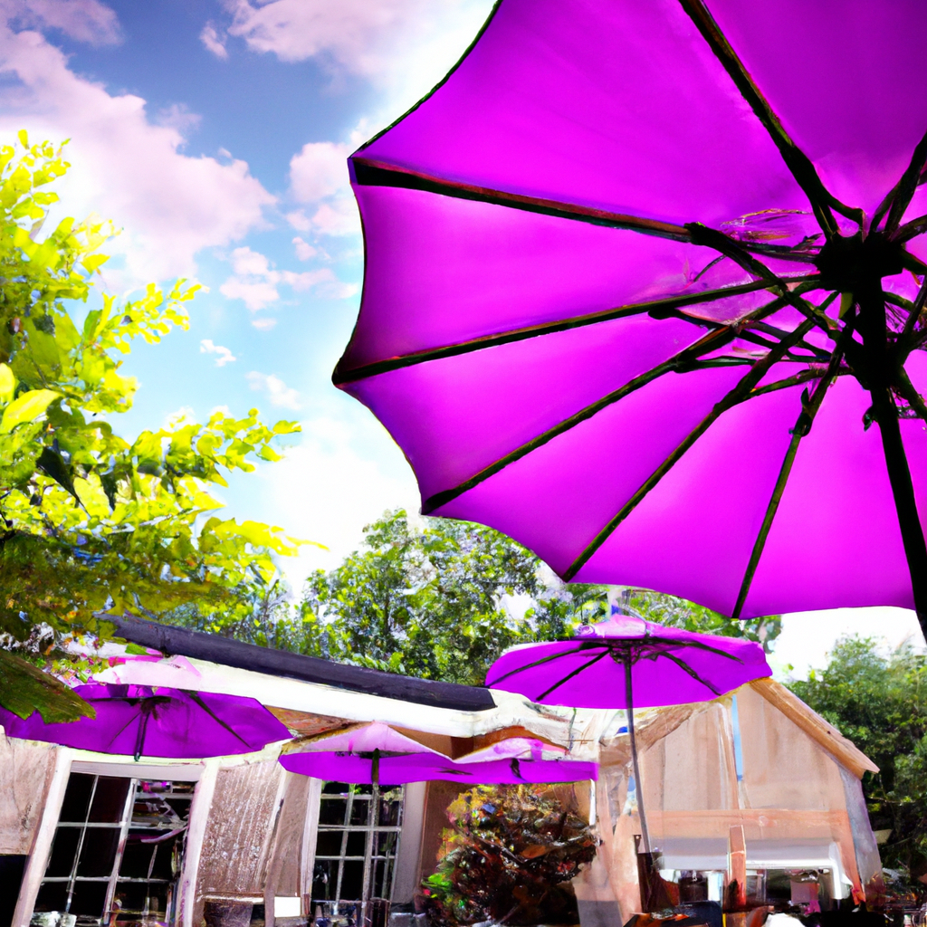 An image showcasing a 11ft Purple Leaf patio umbrella towering over a cozy outdoor seating area, surrounded by happy customers indulging in shade and relaxation, their satisfied expressions reflecting their positive experience