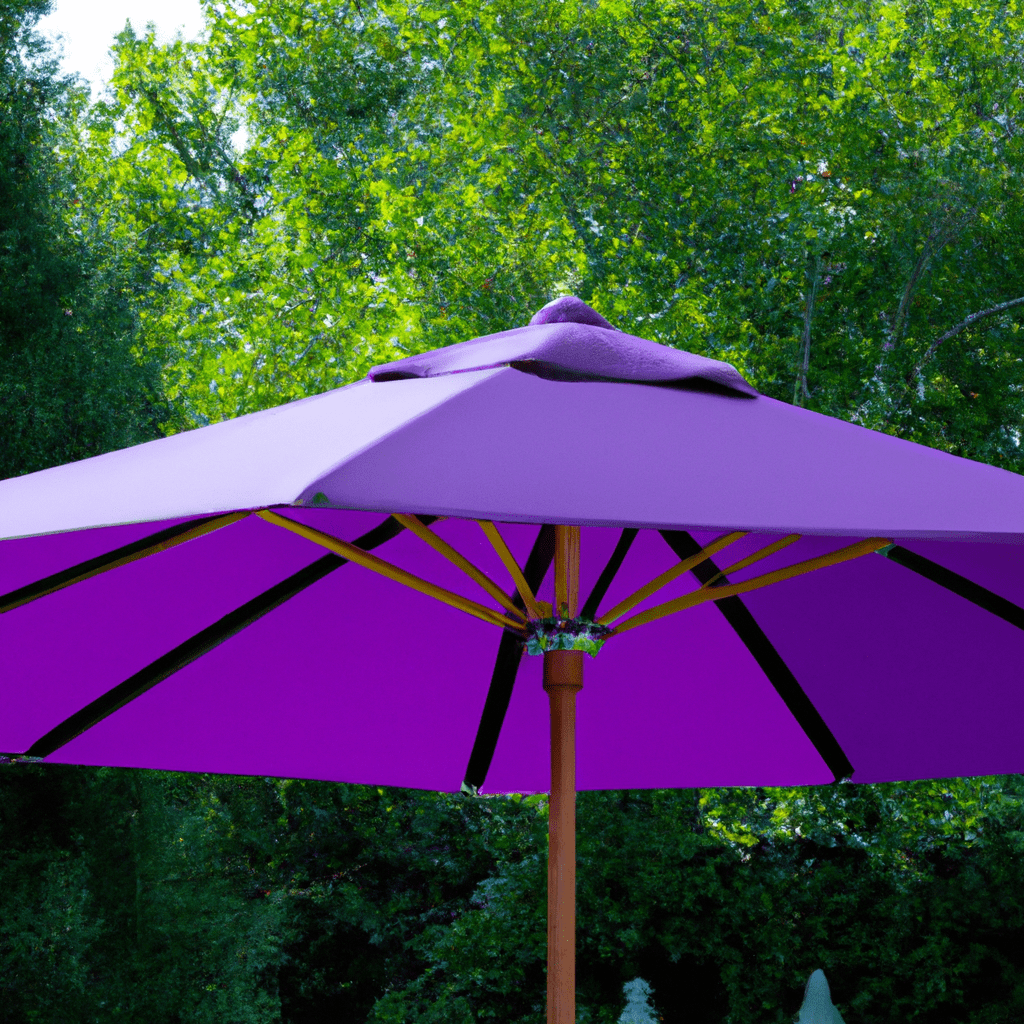 An image showcasing a vibrant purple 11ft patio umbrella against a backdrop of lush greenery